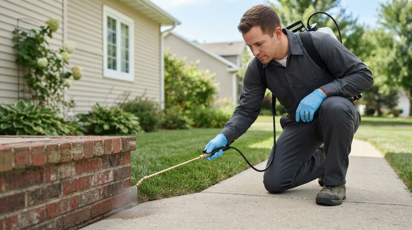 Pest control technician treating a home near Rochester, PA